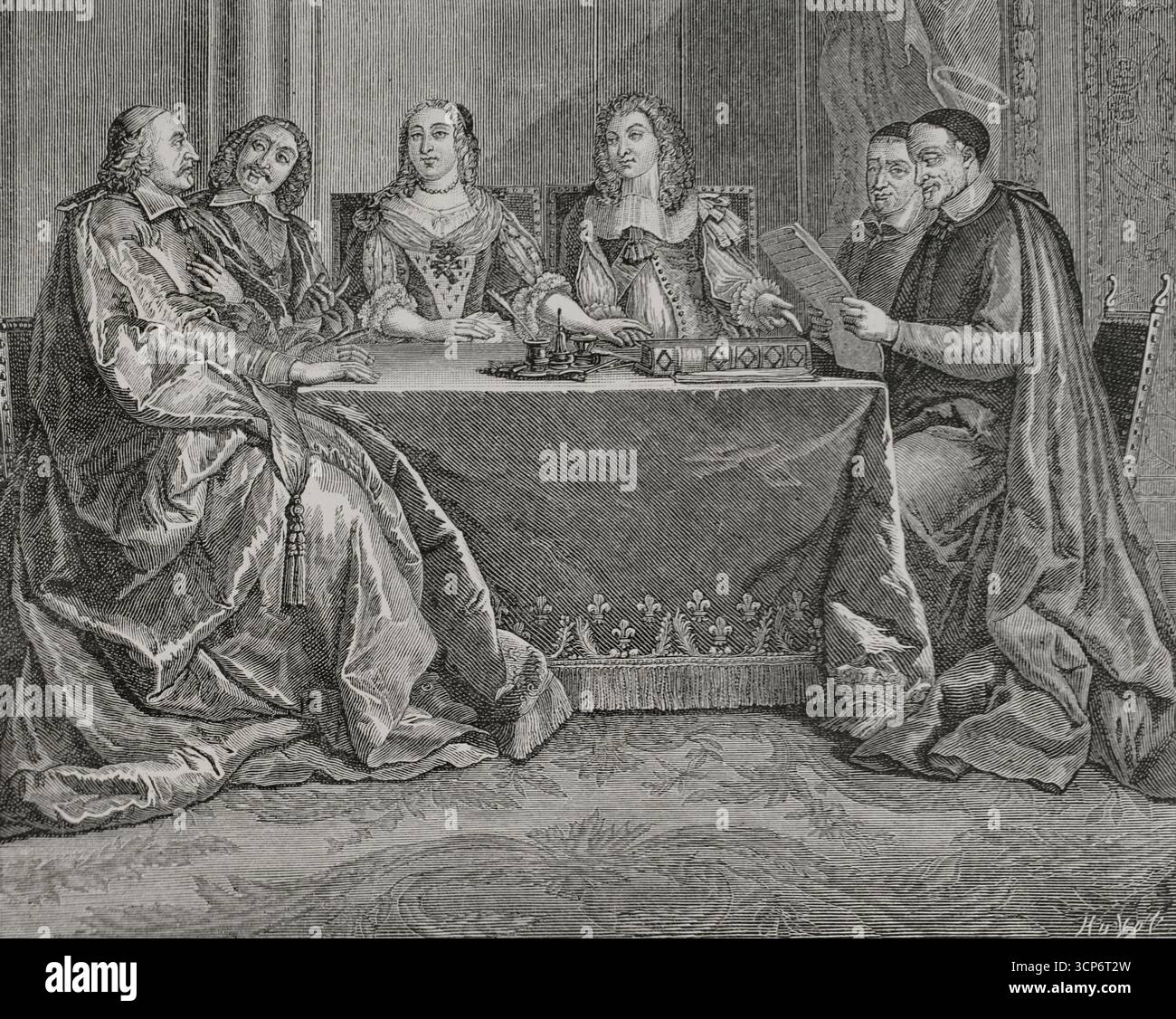 Anne von Österreich (1601-1666). Königin von Frankreich und Navarra (1615–1643) durch ihre Heirat mit König Ludwig XIII. Von Frankreich. Königliche Regentin von 1643 bis 1651. Regency Council von Anne von Österreich. Der Conseil de Conscience: Vincent de Paul liest vor Kardinal Mazarin, Pierre Séguier, Jacques Charton, Königin Anne von Österreich und König Ludwig XIV., 1650. Stich von Huyot nach dem Gemälde des französischen Künstlers Jean-Francois de Troy (1679–1752), Stich von Scotin. XVIIme siècle: lettres, Sciences et Arts, Frankreich 1590-1700 (17. Jahrhundert: Briefe, Wissenschaften und Künste), von Paul Lacroix. Veröffentlicht in Paris Stockfoto