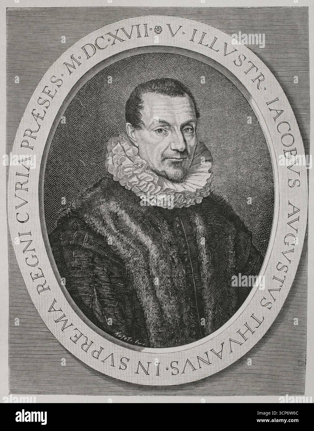 Jacques Auguste de Thou (1553-1617). Französischer Latinist, Dichter, Historiker, Bibliophiler und hochrangiger Richter. Stich von Huyot nach einem Porträt von Ferdinand Elle (ca. 1580-1637/1640), Stich von Jean Morin (ca. 1605-1650). XVIIme siècle: lettres, Sciences et Arts, Frankreich 1590-1700 (17. Jahrhundert: Briefe, Wissenschaften und Künste), von Paul Lacroix. Veröffentlicht in Paris von Librairie de Firmin-Didot et Cie, 1882. Stockfoto