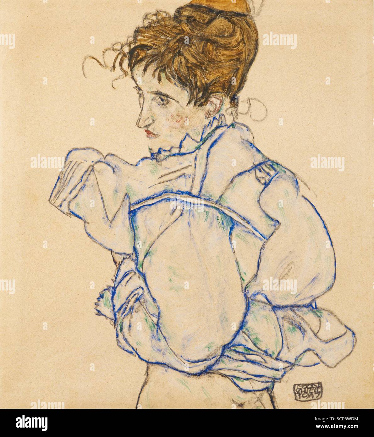 Frau, die ihre Bluse auszieht (wahrscheinlich Edith Schiele). Museum: PRIVATE SAMMLUNG. Stockfoto Frau, die ihre Bluse auszieht (wahrscheinlich Edith Schiele). Museum: PRIVATE SAMMLUNG. Stockfoto