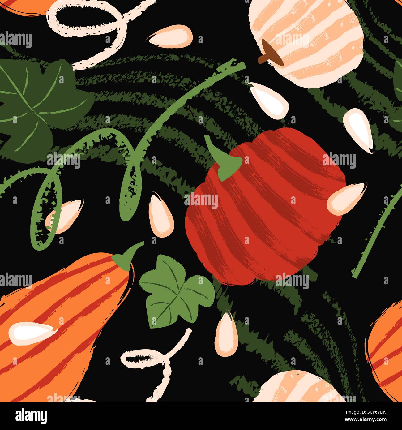Handgezeichnetes nahtloses Muster mit Kürbissen. Vektor Aquarell Buntstift Herbst Bauernhof Gemüse Hintergrund. Herbstdesign für Thanksgiving oder Halloween. Text Stock Vektor