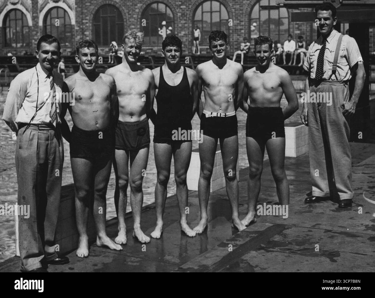 Von links nach rechts Forbes Carlile, Bob Johnson, Frank Stevens, Bruce Bourke, John Davies, Terry Johnson, Ray Austin. Oktober 1947. Stockfoto