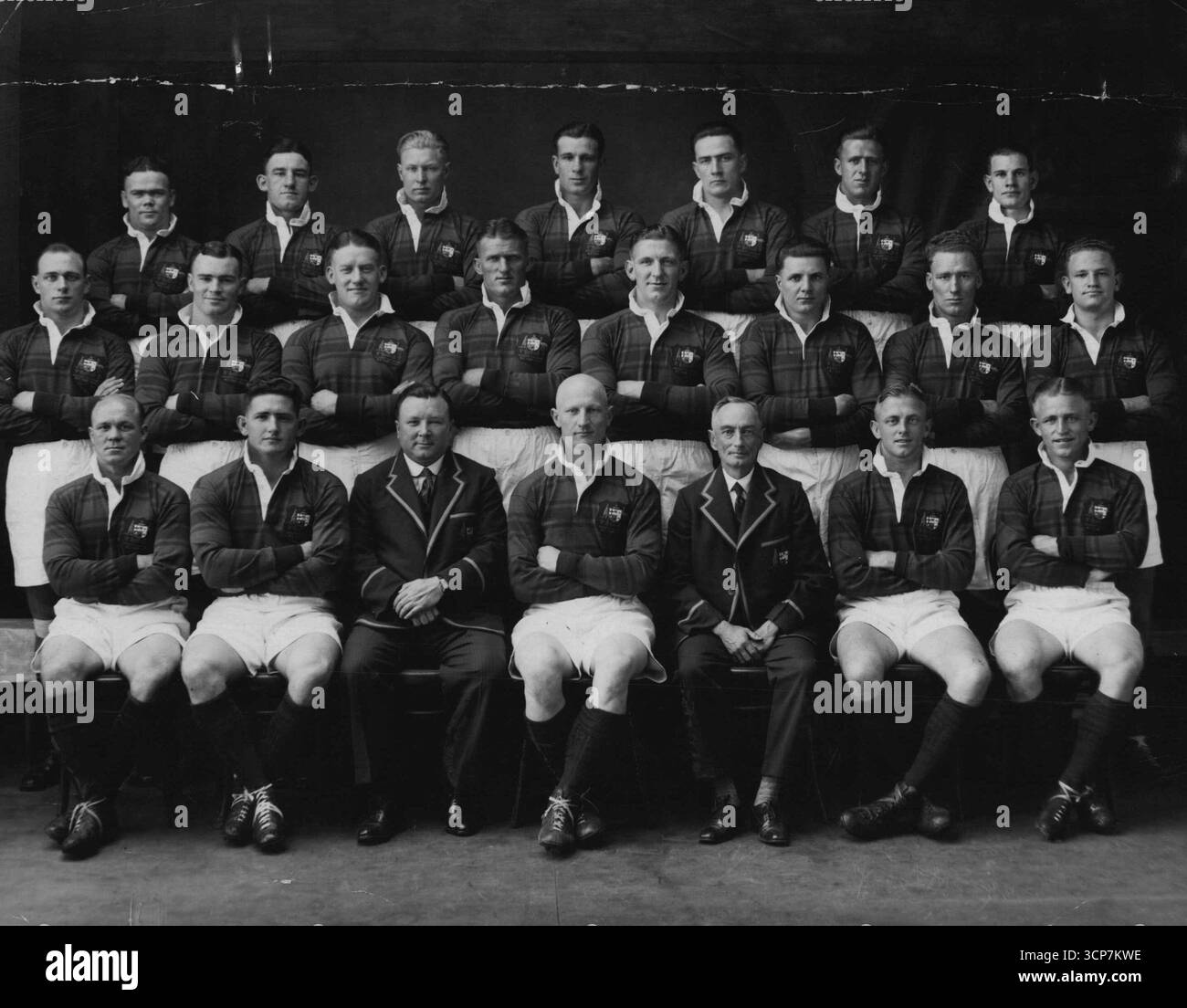 Australiens Rugby-League-Team auf Tour durch N.Z. Von hinten von links nach rechts: F. Gilbert, E. Lewis, S. Goodwin, J. Gibbs, M. Shields, L. ward, G. K. Whittle, E. Collins, R. Stehr, F. Curran. H. Bichel, S. Pearce, R. Hines. W. Prigg, R. McKinnon, E. Norman, W. Mahon, H. Sunderland, D. Brown (capt). W. J. Chaveling, V. Thicknesse und P. Fairall. 23. September 1935. Stockfoto
