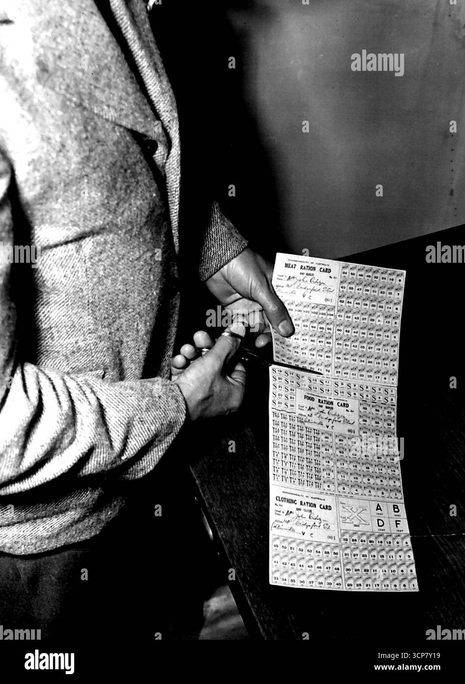 Neue Rationskarte -- Trennen Sie die drei Abschnitte der neuen Rationskarte, die Fleisch, Lebensmittel (Lebensmittel) und Kleidung sind. Schneiden Sie mit einer Schere ordentlich entlang der Perforationsmarkierungen ab. Dezember 1948. Stockfoto