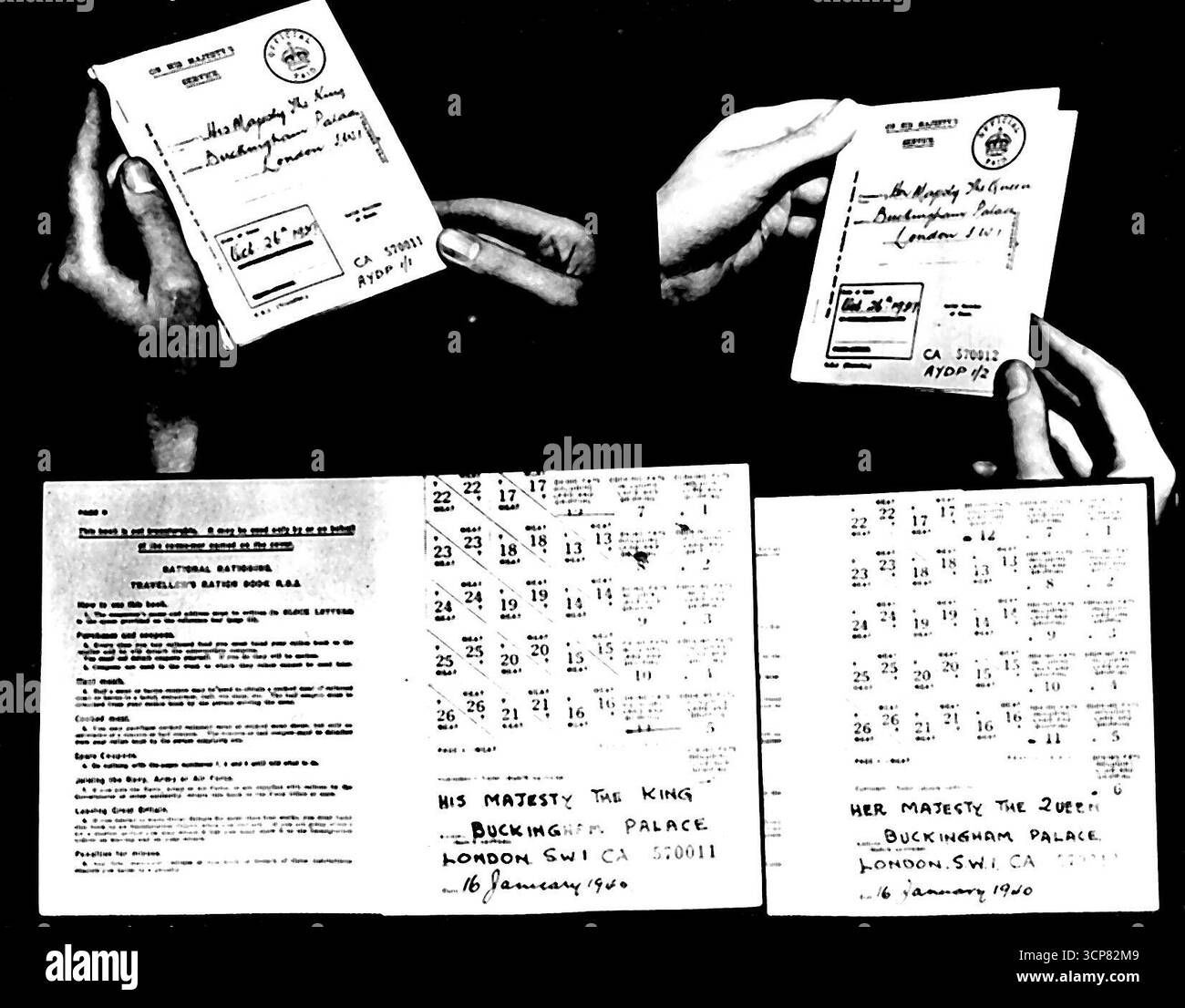 Die Verpflegung der königlichen Familie -- es gibt in Großbritannien keineswegs einen Mangel an Nahrungsmitteln, aber natürlich werden Zucker, Speck und Fleisch rationiert und durch das ganze Land teilt sich jede Familie, einschließlich der königlichen Familie, gleich. Der König und die Königin, die so viel unter den Menschen bewegen, haben Reiserationsbücher und jede Woche werden die Gutscheine abgeschnitten, ihre Rationen werden geliefert. Es wird bemerkt, dass die Kochfette Coupons und nicht abgeschnitten sind. Dies liegt daran, dass diese Elemente noch nicht rationiert wurden. Juni 1940. (Foto von britischem Offiziellen Foto). Stockfoto