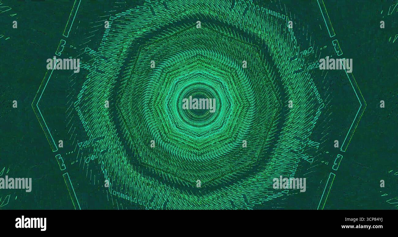 Ein lebendiges geometrisches Muster zeigt Grüntöne, die sich nach innen spiralförmig drehen und eine sechseckige Form erzeugen. Das Design verleiht einen modernen, digitalen Look, ideal für Stockfoto