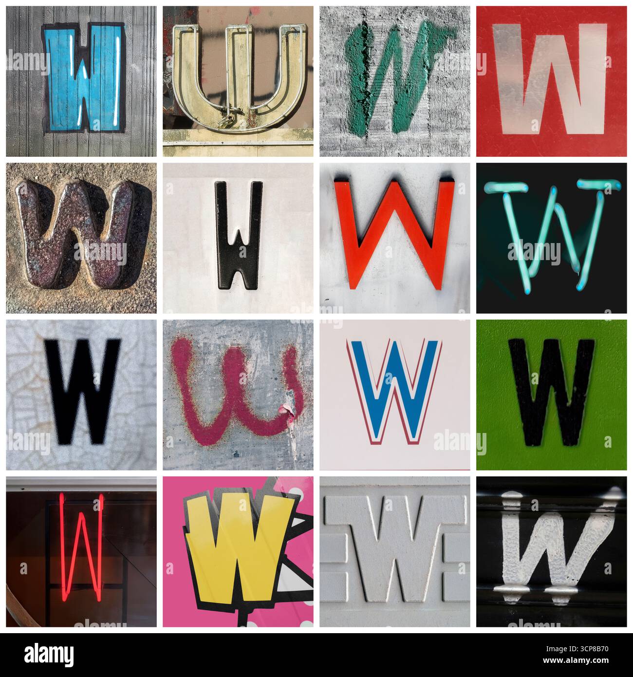 Sammlung von 16 Serifen- und san Serif-Buchstaben W, aufgenommen auf städtischen Straßen Stockfoto