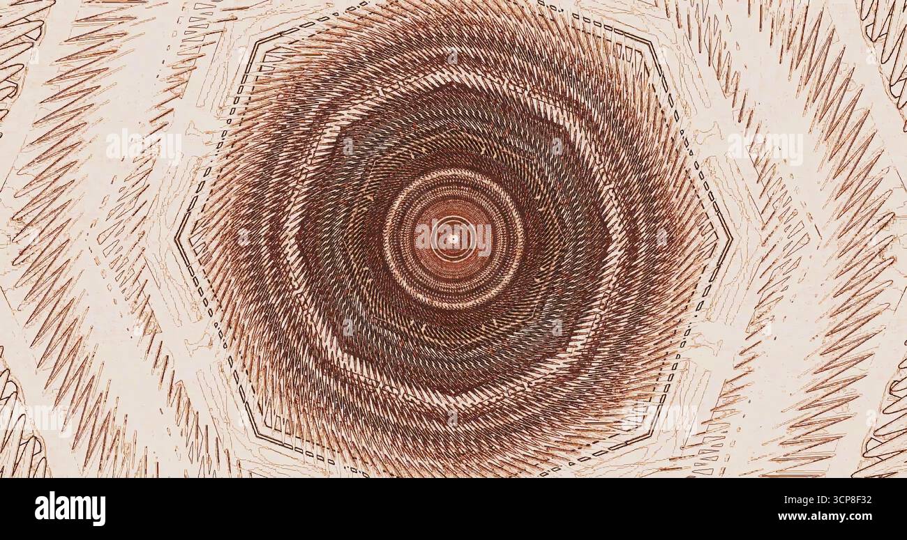 Dieses Bildmaterial verfügt über ein fesselndes geometrisches Muster mit konzentrischen Kreisen und komplizierten Linien. Die warmen Farben erzeugen ein Gefühl von Tiefe und Bewegung Stockfoto