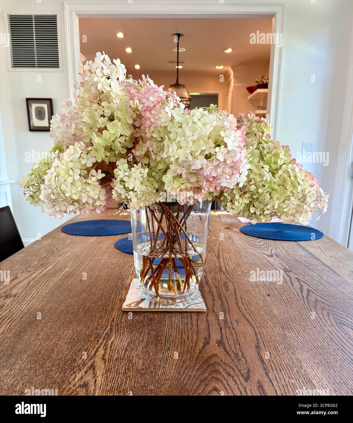 Vase gefüllt mit weißen und rosa Hortensien Arrangement auf einem Tisch aus Walnussholz - Smartphone-aufgenommenes Stockfoto