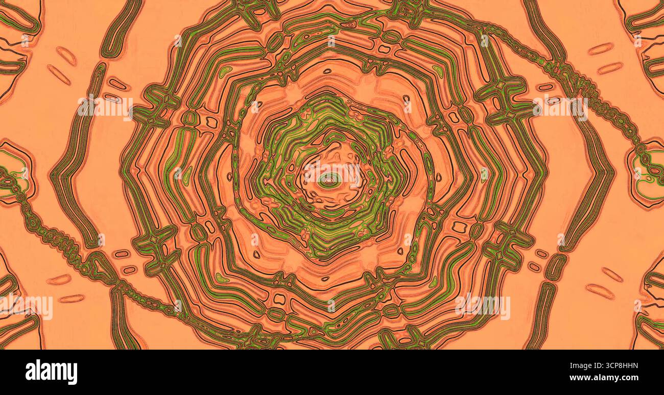 Das faszinierende abstrakte Design zeigt ein kreisförmiges Muster mit komplizierten Linien in Grün- und warmen Orange-Tönen. Dieses Kunstwerk lädt die Zuschauer ein Stockfoto