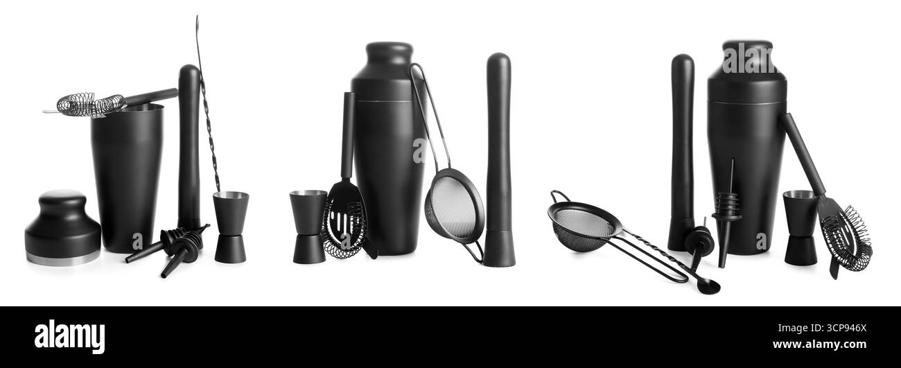 Set mit Barkeeper-Ausrüstung auf weißem Hintergrund Stockfoto