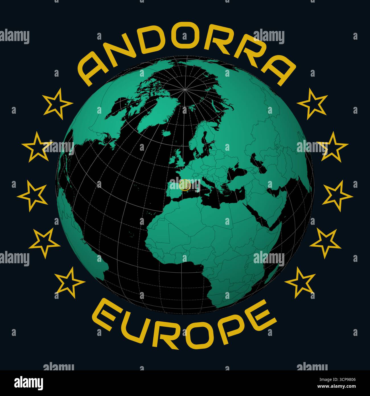 Fürstentum Andorra auf Globe. Runder Text für Land und Kontinent. Länderansicht auf Weltkarte in der Farbpalette Black Emerald. Stock Vektor