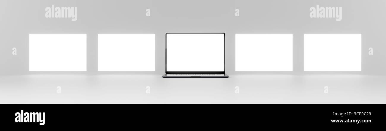 Sequenz von fünf Laptopbildschirmen mit dem Computer in der Mitte und schwebenden Displays an den Seiten. Leere Vorlage zum Platzieren Ihres Webseitendesigns, Pos. Stockfoto