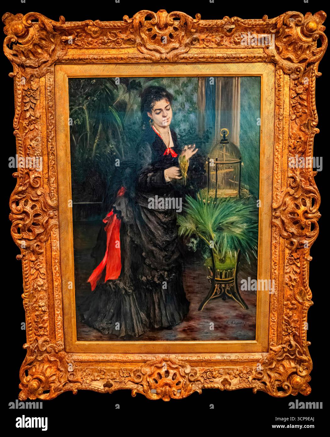 Pierre-Auguste Renoir, Frau mit Sittich, 1871 – frühe impressionistische Porträt von Lise Tréhot mit lebendigen Farben und sanftem Innenlicht. Stock Vektor