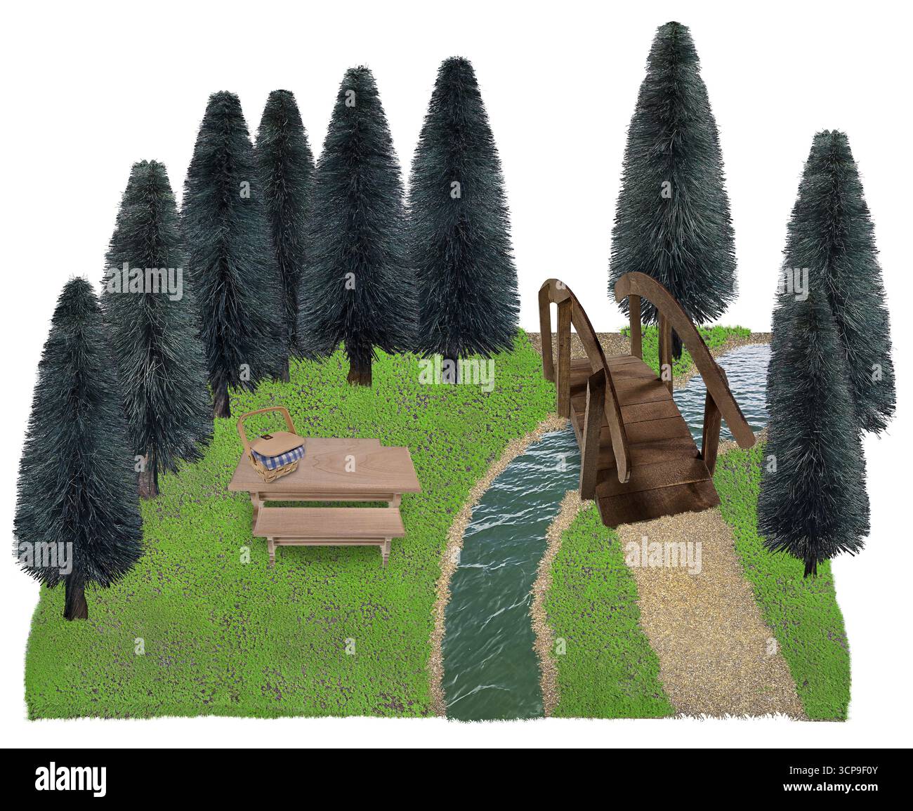 Fußbrücke über den Fluss neben dem Picknicktisch mit Picknickkorb Stockfoto