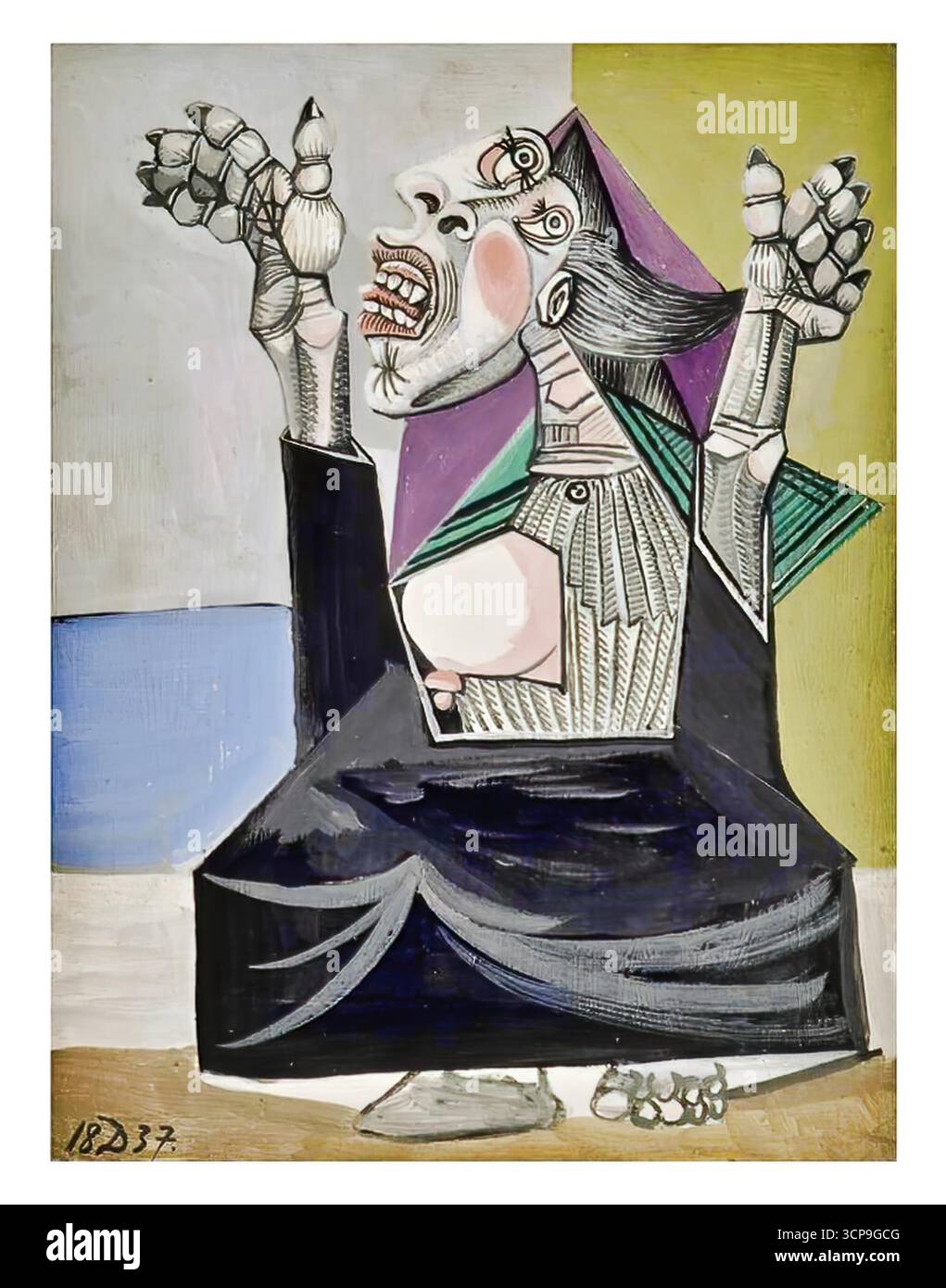 Pablo Picasso, der Bittsteller, 1937 – spanische modernistische Gouache auf der Tafel; aufgehobene Ausdrucksfigur, kühne Formen, emotionale Kriegsangst. Stock Vektor