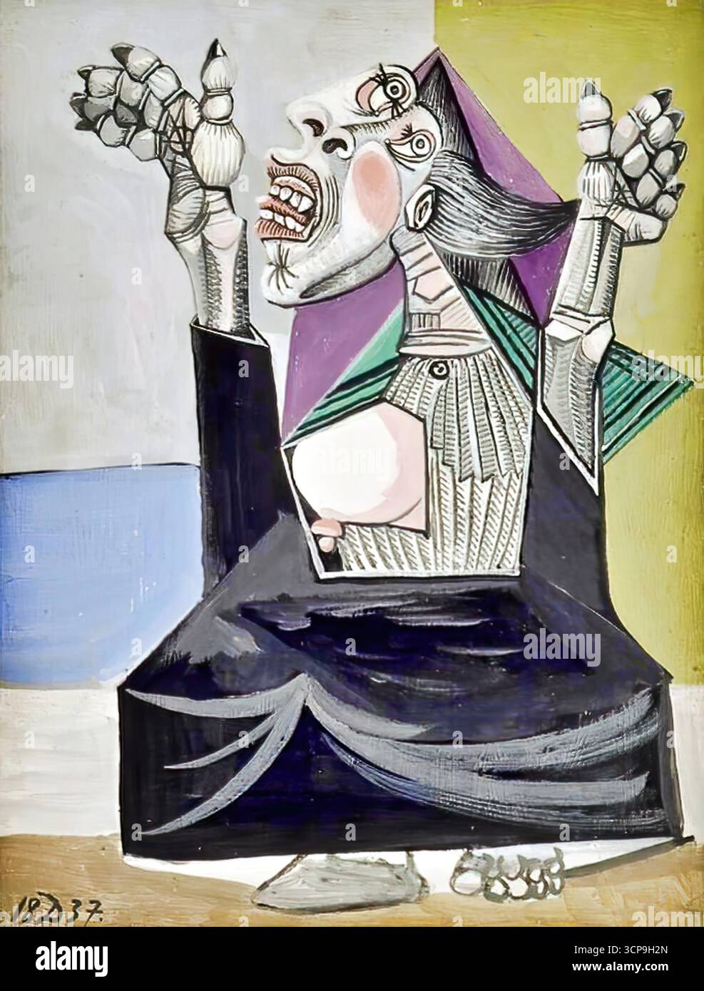 Pablo Picasso, der Bittsteller, 1937 – spanische modernistische Gouache auf der Tafel; ausdrucksstarke, aufgehobene Figur, kühne Formen, tragische emotionale Intensität während des Krieges. Stock Vektor