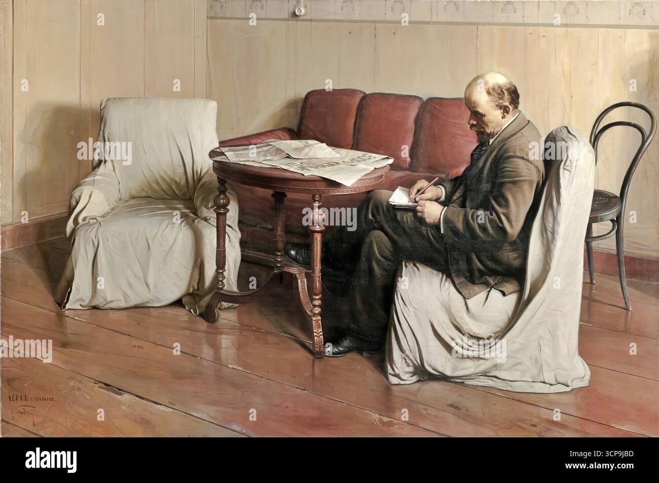 Isaak Brodsky, Lenin in the Smolny, 1930 – Meisterwerk des sowjetischen sozialistischen Realismus; Lenin am Smolny-Institut in Petrograd, historisches Ölgemälde. Stock Vektor