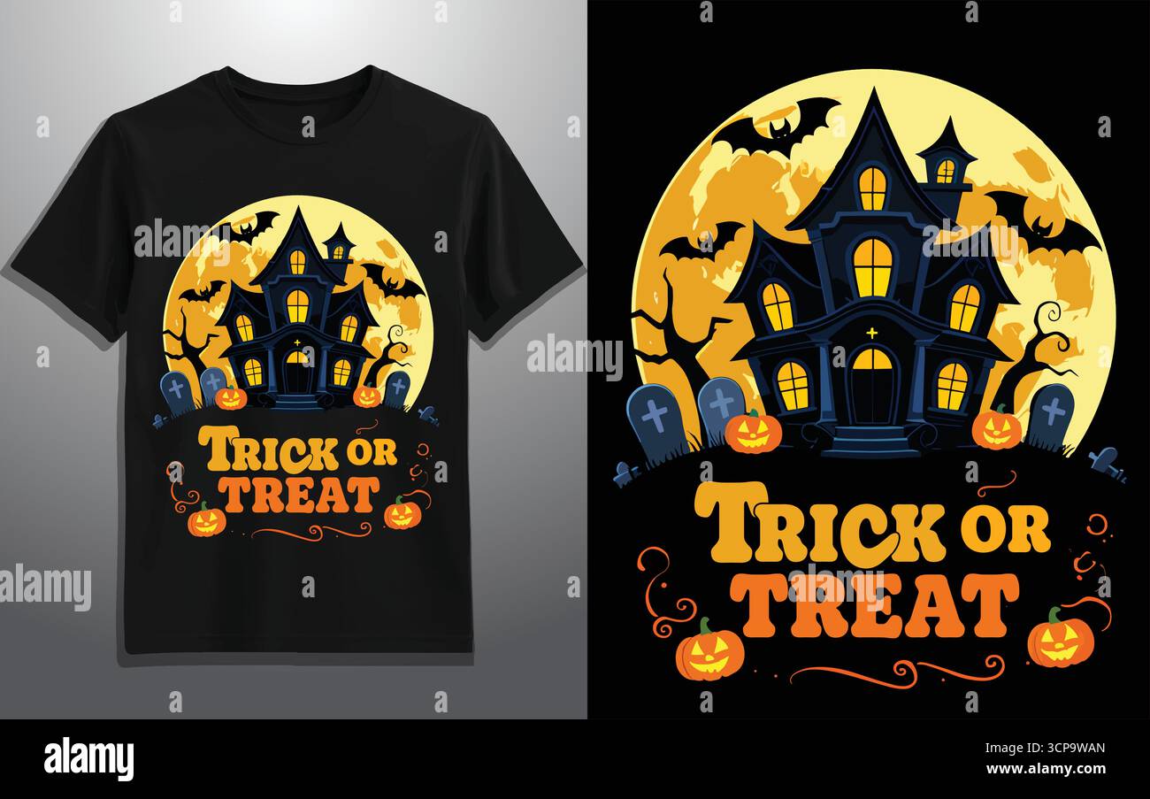 Spukhaus Halloween Vektor-Illustration mit Trick or Treat Text, Kürbisse, Fledermäuse, Vollmond und Spooky Friedhof Design Stock Vektor