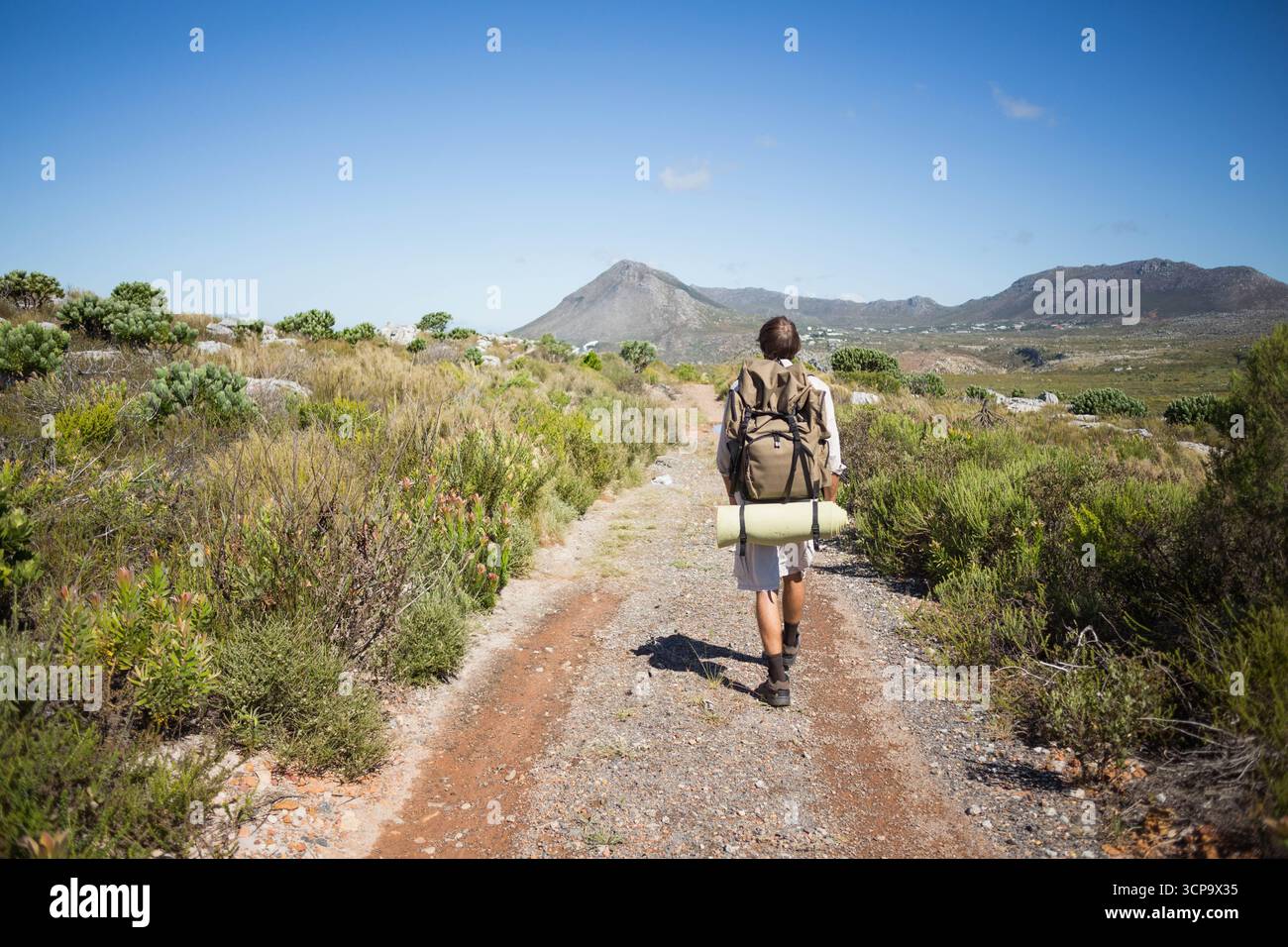 Mann in seinen Zwanzigern, der auf dem Bergweg läuft, Stiefel, Socken, Rucksack, Schlafpolster trägt Stockfoto