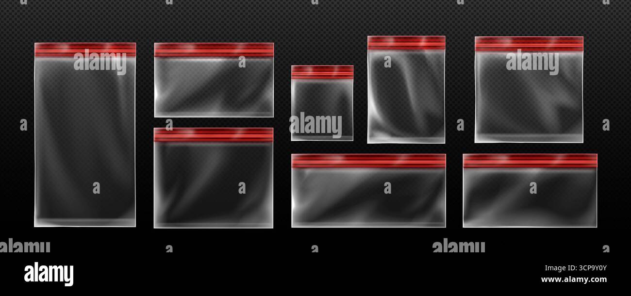 Beutel mit Reißverschluss und transparenten Kunststofftaschen und roten Dichtungsstreifen zur Aufbewahrung. Wiederverschließbare Behälter in verschiedenen Größen für Lebensmittel oder kleine Gegenstände. Leere Verpackungsmodelle mit luftdichtem Verschlusssystem. Stock Vektor