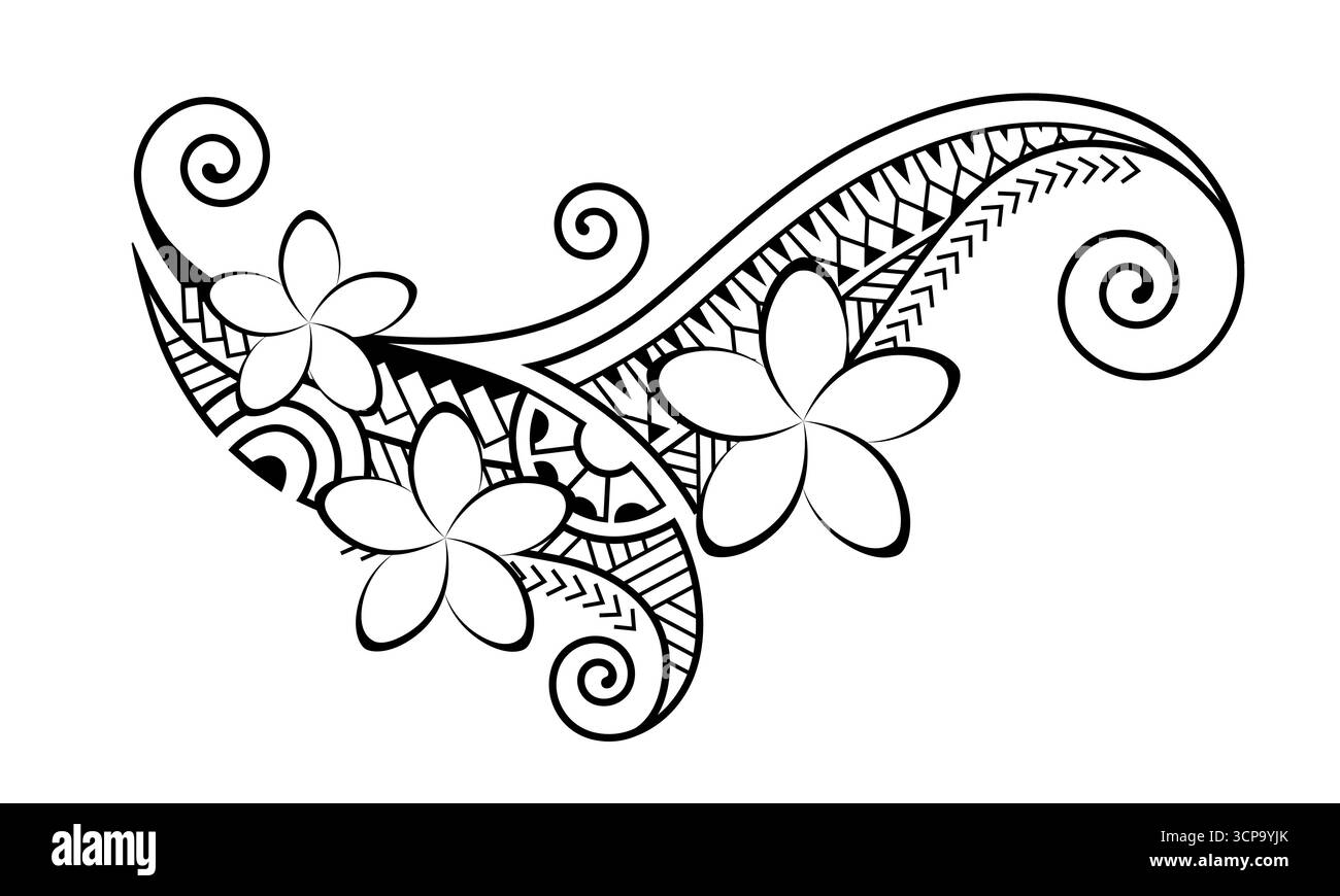 Tattoo im Maori-Stil. Ethnische dekorative orientalische Ornamente mit Frangipani Plumeria-Blüten. Stock Vektor