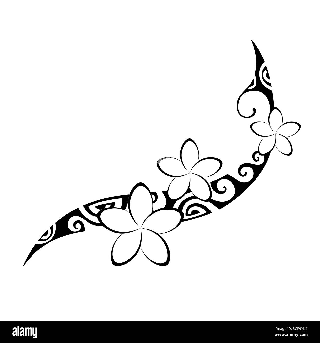 Tattoo im Maori-Stil. Ethnische dekorative orientalische Ornamente mit Frangipani Plumeria-Blüten. Stock Vektor