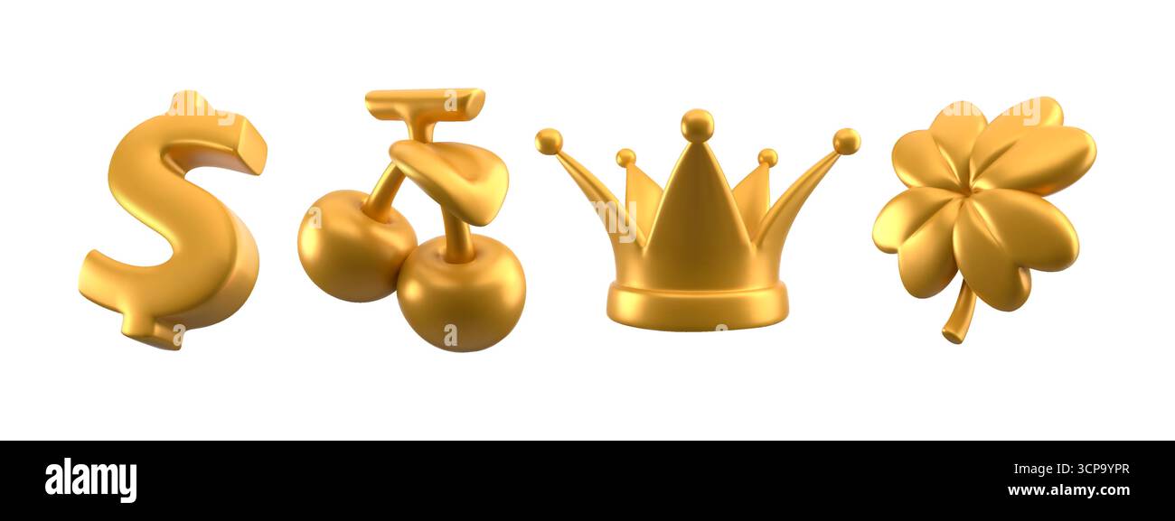 3D-Casino-Ikone mit goldenem Dollarzeichen, Kirschautomaten, Krone und Klee für Glücksspiele. Glänzende Metallic-Luxussymbole und Glückselemente für Wetten-Apps oder Jackpot-Online-Gaming-Plattformen Stock Vektor