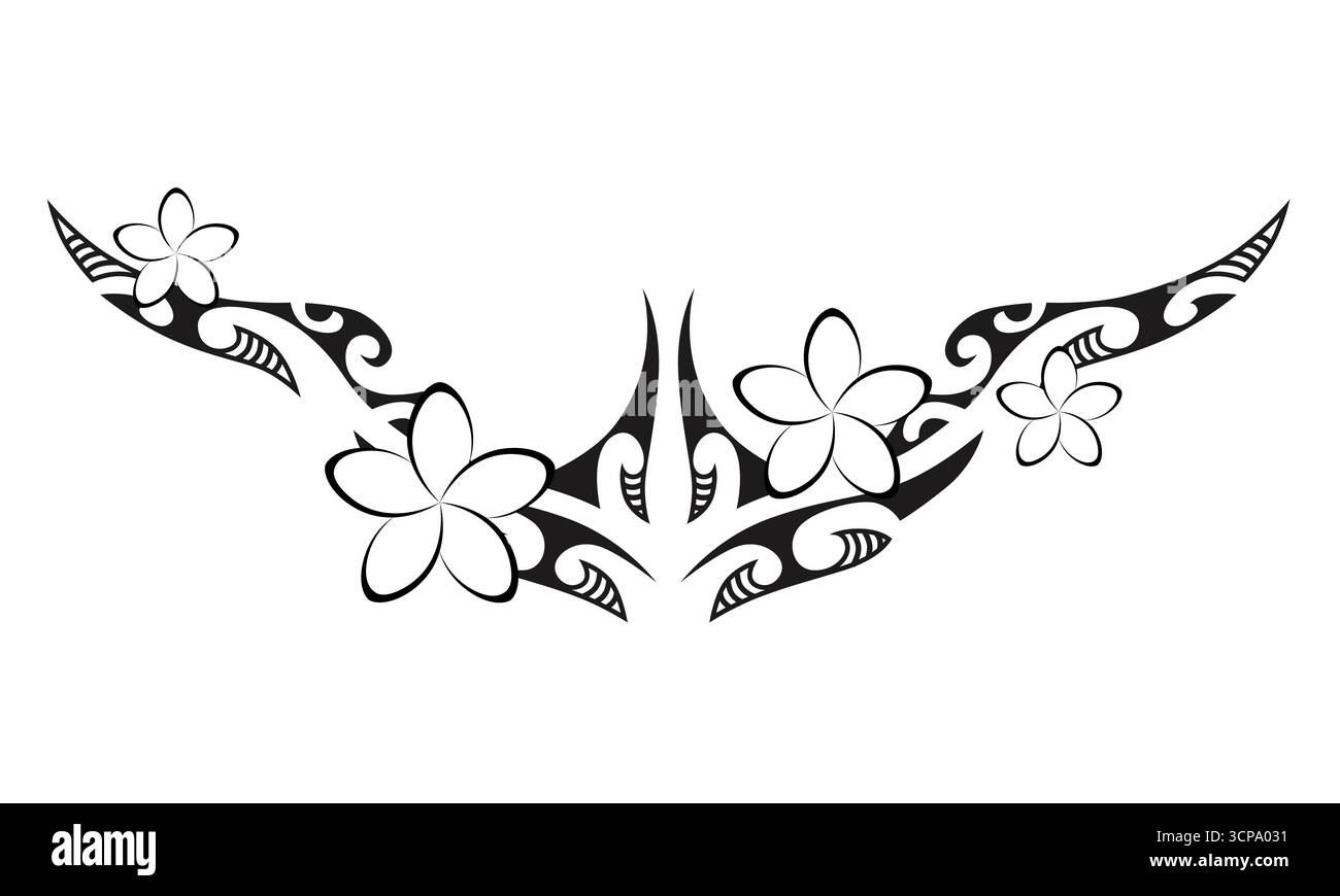 Tattoo im Maori-Stil. Ethnische dekorative orientalische Ornamente mit Frangipani Plumeria-Blüten. Stock Vektor