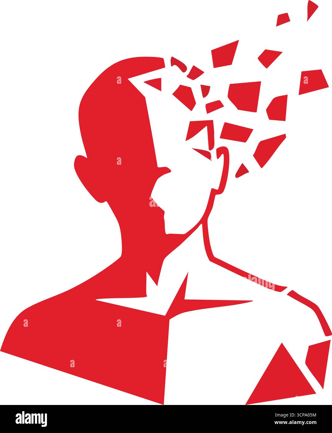 Shattered Bewusstseinsbericht. Dieses eindrucksvolle Bild zeigt, wie sich ein menschlicher Kopf auflöst, was einen tiefen psychologischen Zusammenbruch, mentale Not und symbolisiert Stock Vektor
