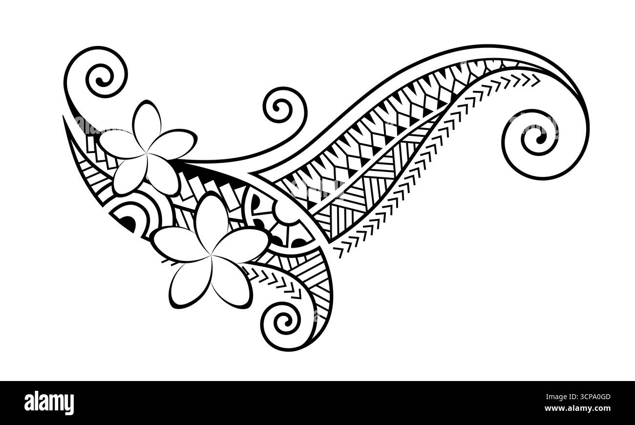 Tattoo im Maori-Stil. Ethnische dekorative orientalische Ornamente mit Frangipani Plumeria-Blüten. Stock Vektor