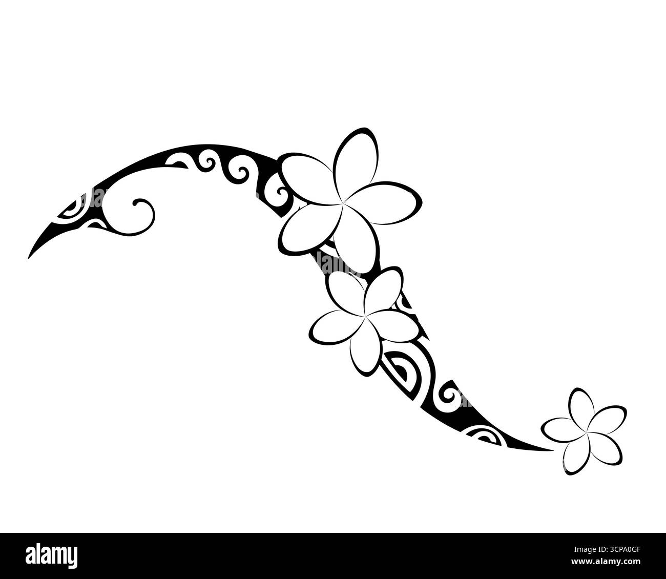 Tattoo im Maori-Stil. Ethnische dekorative orientalische Ornamente mit Frangipani Plumeria-Blüten. Stock Vektor