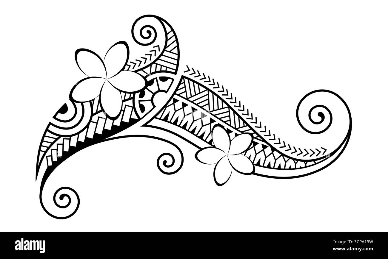 Tattoo im Maori-Stil. Ethnische dekorative orientalische Ornamente mit Frangipani Plumeria-Blüten. Stock Vektor
