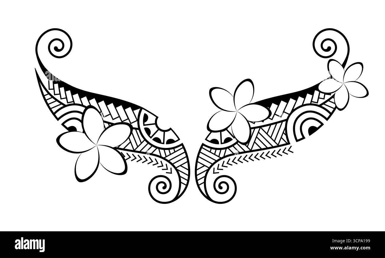 Tattoo im Maori-Stil. Ethnische dekorative orientalische Ornamente mit Frangipani Plumeria-Blüten. Stock Vektor