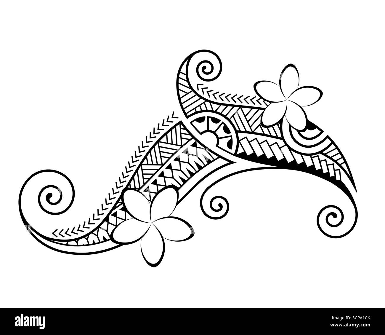 Tattoo im Maori-Stil. Ethnische dekorative orientalische Ornamente mit Frangipani Plumeria-Blüten. Stock Vektor