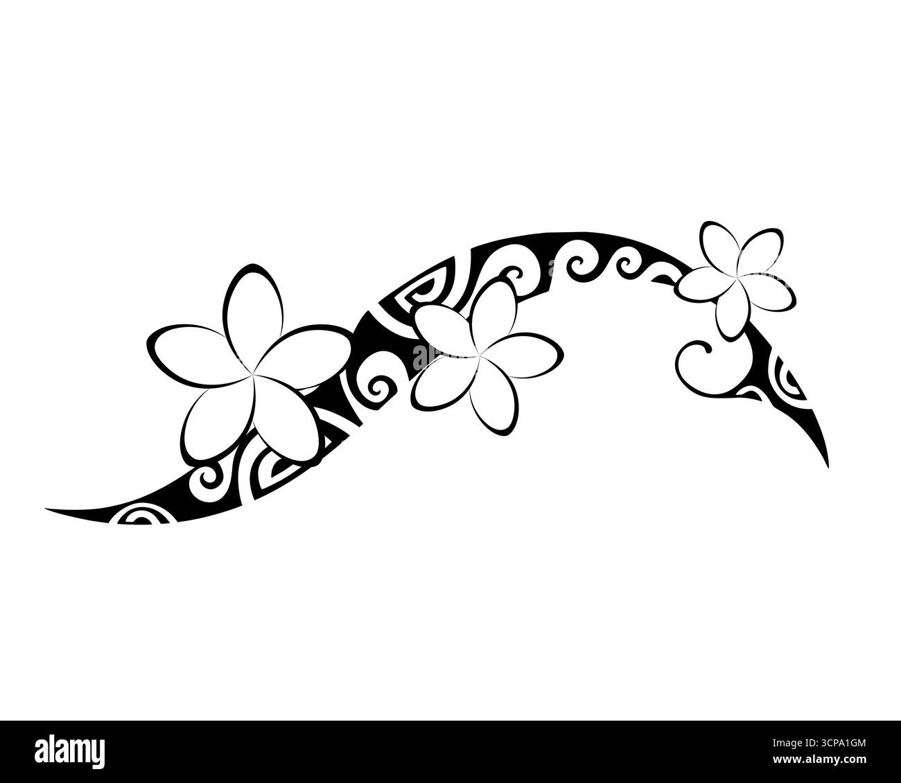 Tattoo im Maori-Stil. Ethnische dekorative orientalische Ornamente mit Frangipani Plumeria-Blüten. Stock Vektor
