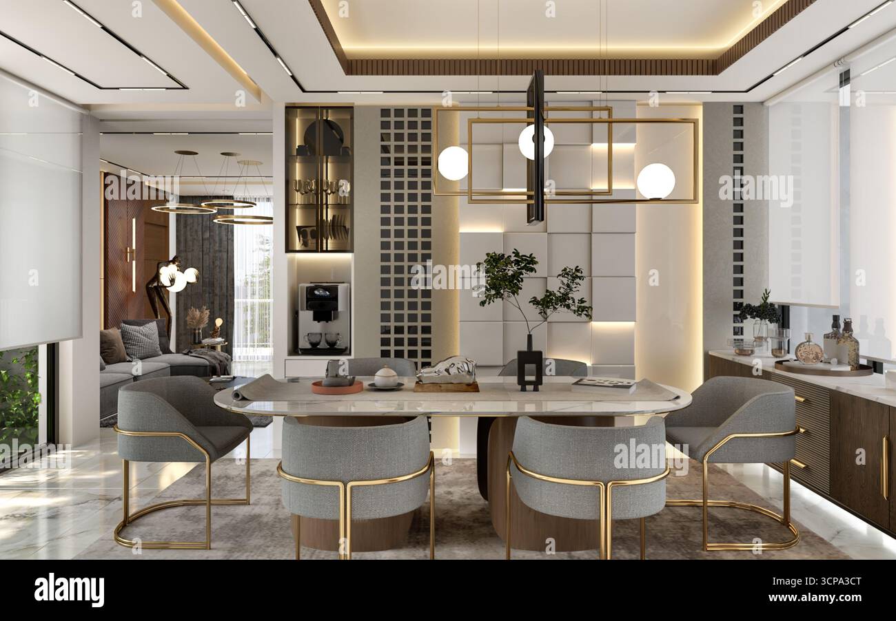 Opulentes, modernes Esszimmer mit geometrischer 3D-Wandplatte, Marmortisch und einzigartigem goldenen Kronleuchter - 3D-Rendering Stockfoto