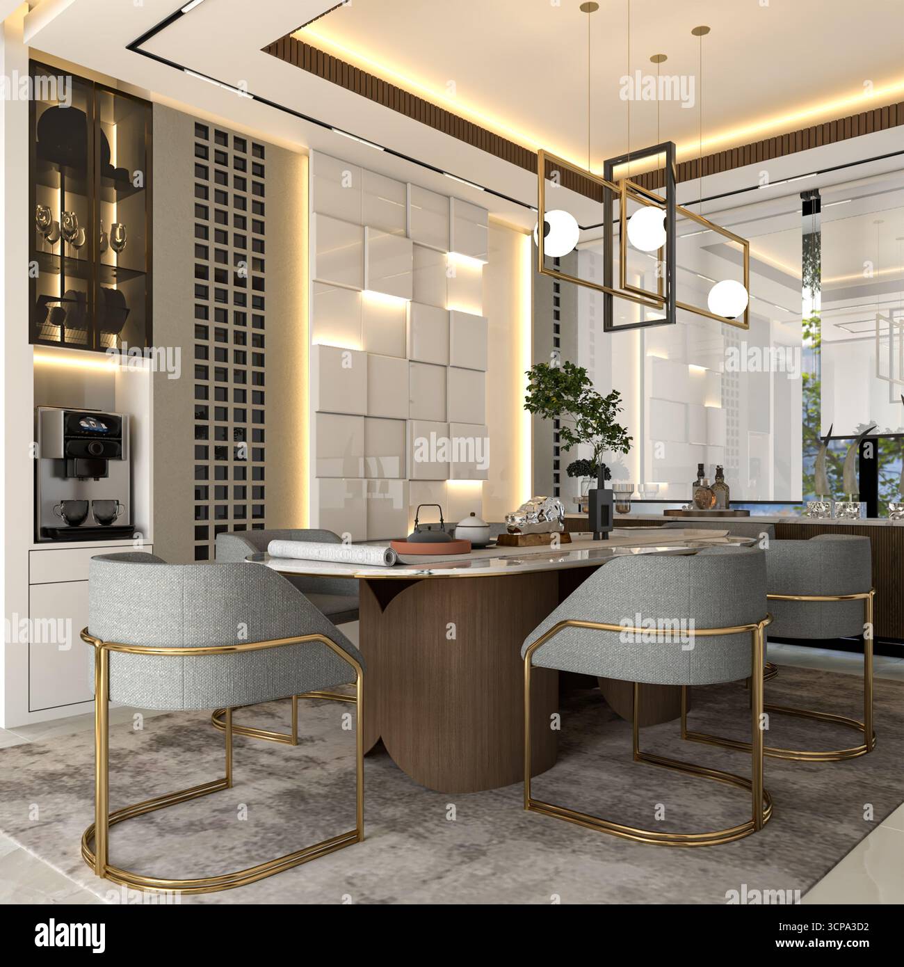 Luxuriöser, moderner Essbereich mit ovalem Tisch, geometrischer 3D-Akzentwand und zeitgenössischem Kronleuchter in Gold und Schwarz Stockfoto