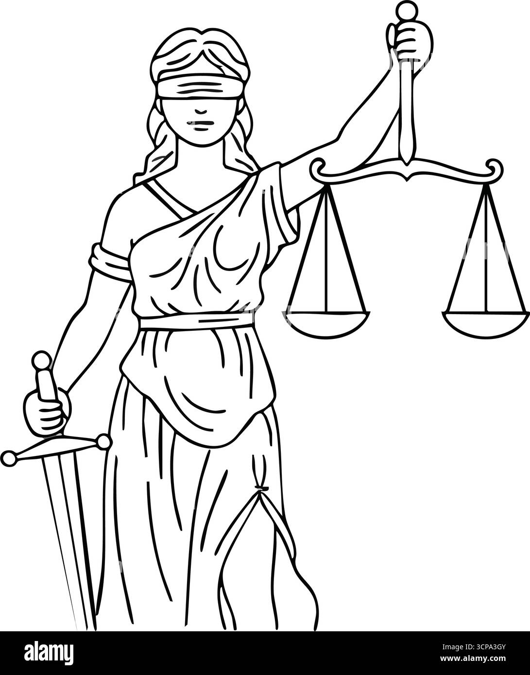 Symbol „Lady Justice“. Die elegante weiße Strichkunst zeigt eine weibliche Figur mit den Augen, mit Schwert und ausgeglichener Skala, die ein faires Urteilsvermögen und verkörpert Stock Vektor