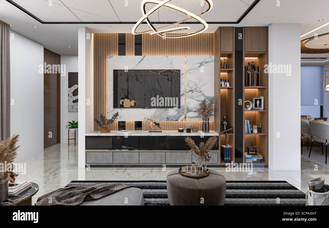 Luxuriöses modernes Entertainment-Center mit Marmorplatte, Holzlamellenverkleidung und schwimmender Medienkonsole im Wohnzimmer Stockfoto