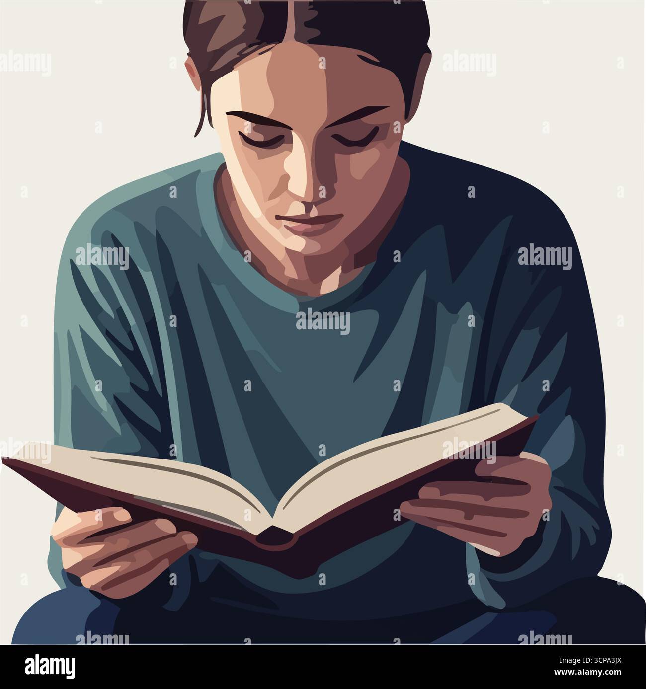 Junge Leser, die sich in Literatur vertieft haben. Ein ruhiger Mensch durchsucht einen Band, der Wissen, Nachsicht und friedliches Lernen symbolisiert. Ser Stock Vektor