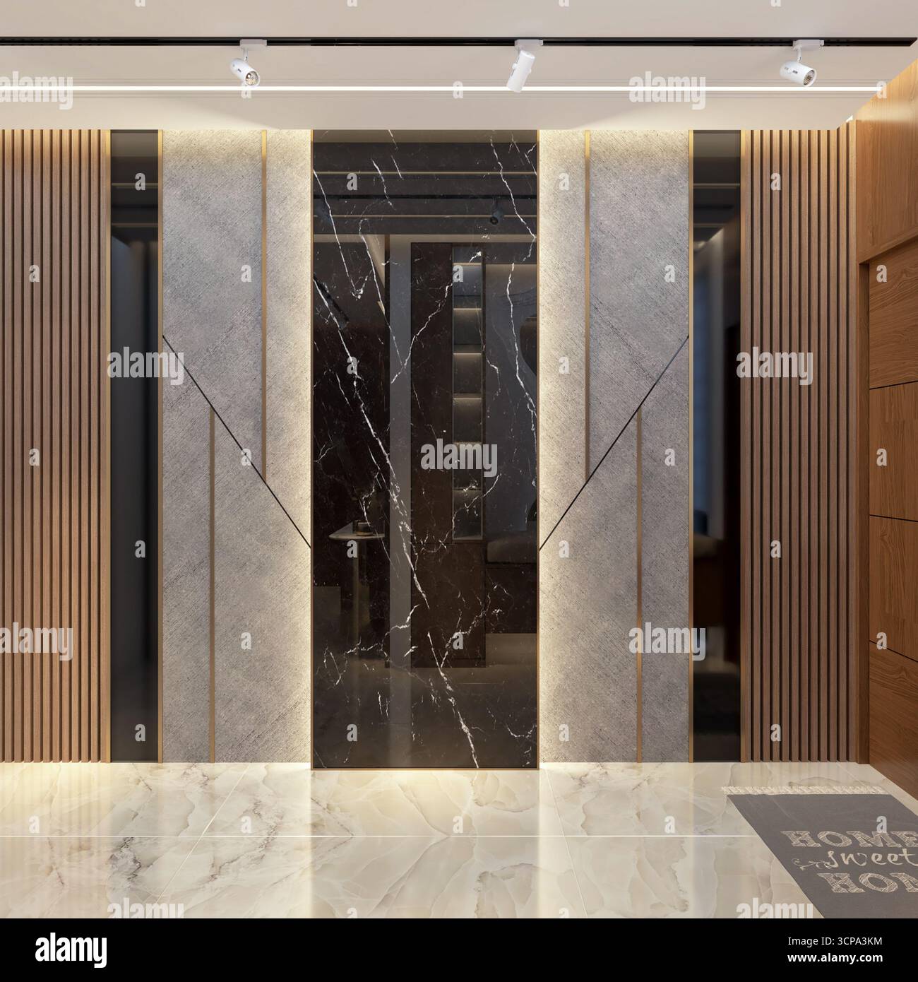 Luxuriöse, moderne Marmor- und Holzlamellenwand | dramatisches Foyer-Design mit Hintergrundbeleuchtung | Innenraum mit geometrischen Goldverkleidungen Stockfoto