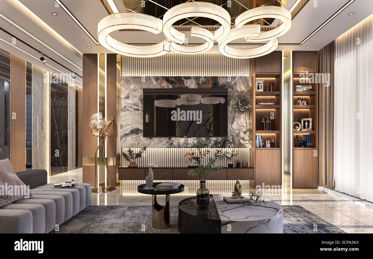 Ultimatives luxuriöses, modernes Wohnzimmer mit Marmorwand, elegantem goldenen Kronleuchter und eingebautem Holzschrank Stockfoto
