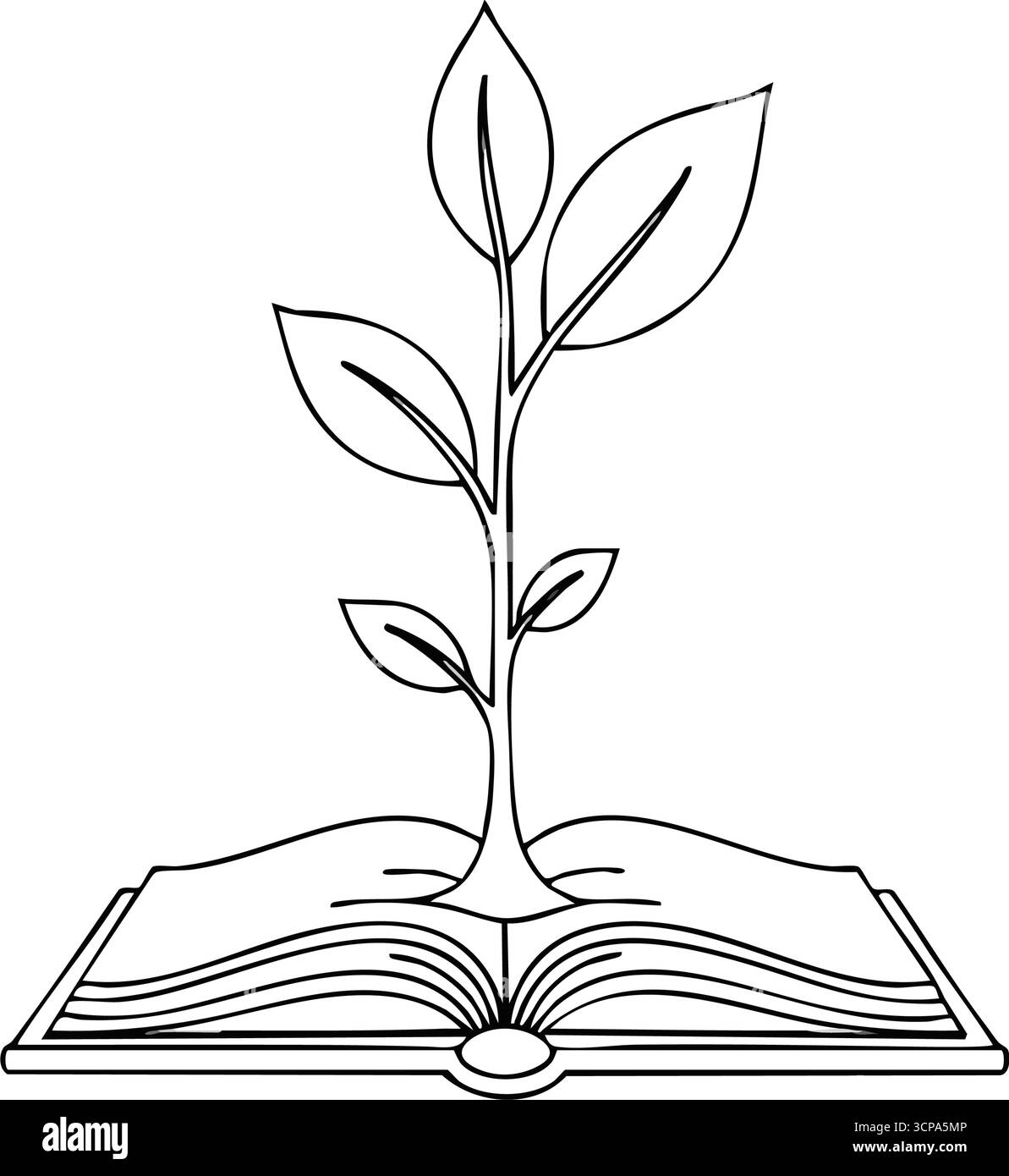 Wissensblüten-Symbol. Eine weiße Grafik zeigt einen wachsenden Setzling, der in einem offenen wissenschaftlichen Buch verwurzelt ist. Es symbolisiert intellektuelle Erleuchtung, Stock Vektor