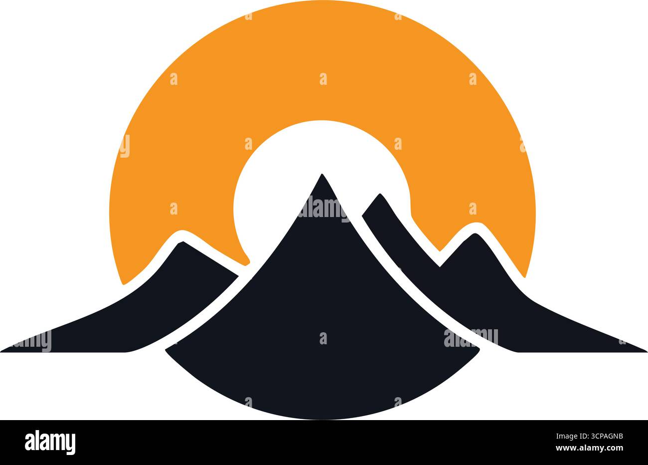 Sonnenuntergangshorizont Am Berg. Die auffällige Grafik zeigt majestätische Gipfel unter einer leuchtenden goldenen Kugel. Ruft Reisen, Ruhe und die heitere Kraft hervor Stock Vektor