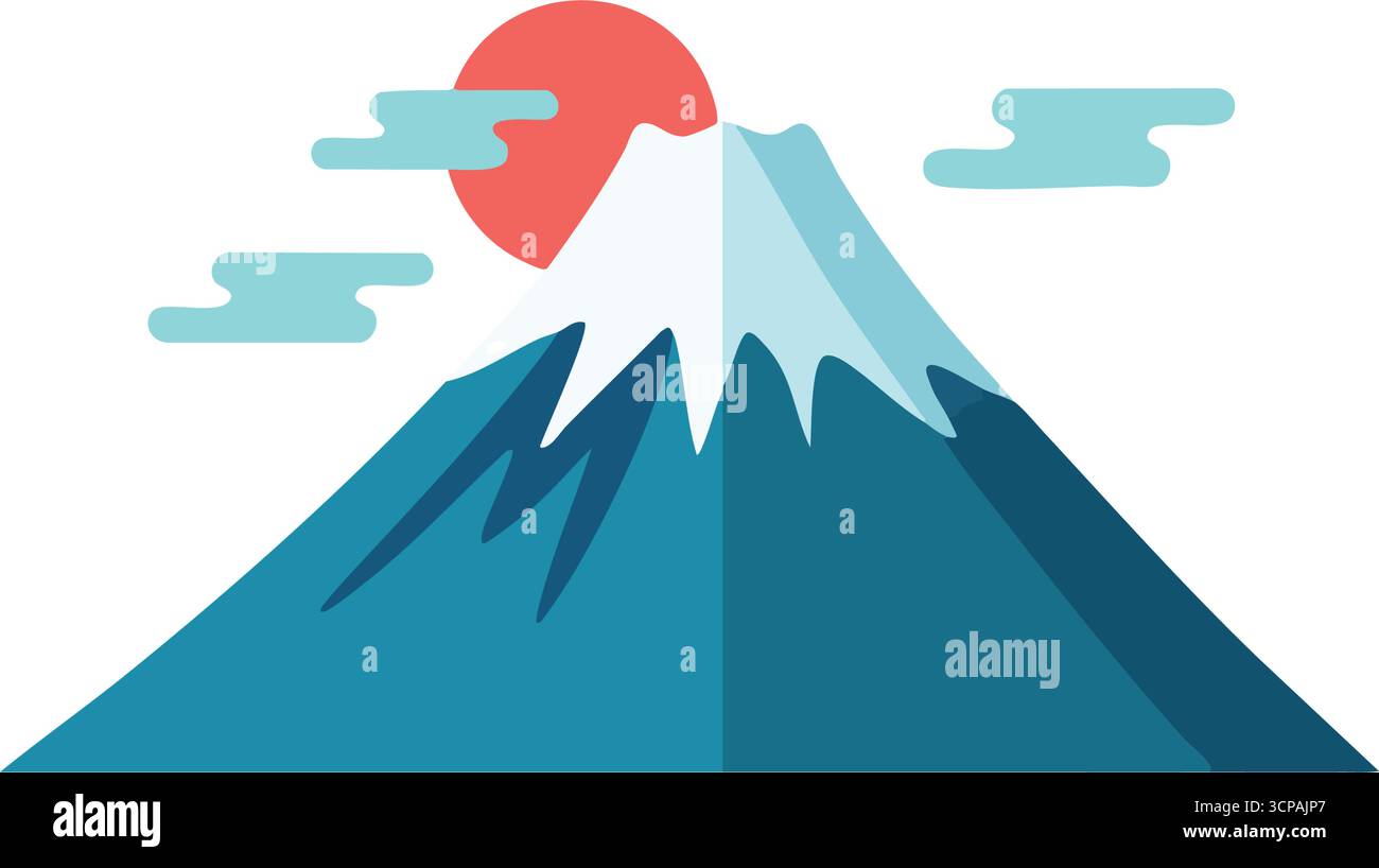 Mount Fuji Aufgehende Sonne Japan Landschaft. Minimalistische Kunstwerke des majestätischen Vulkans der Nation bei Sonnenaufgang, die kulturelle Identität und frische Anfänge verkörpern. Stock Vektor