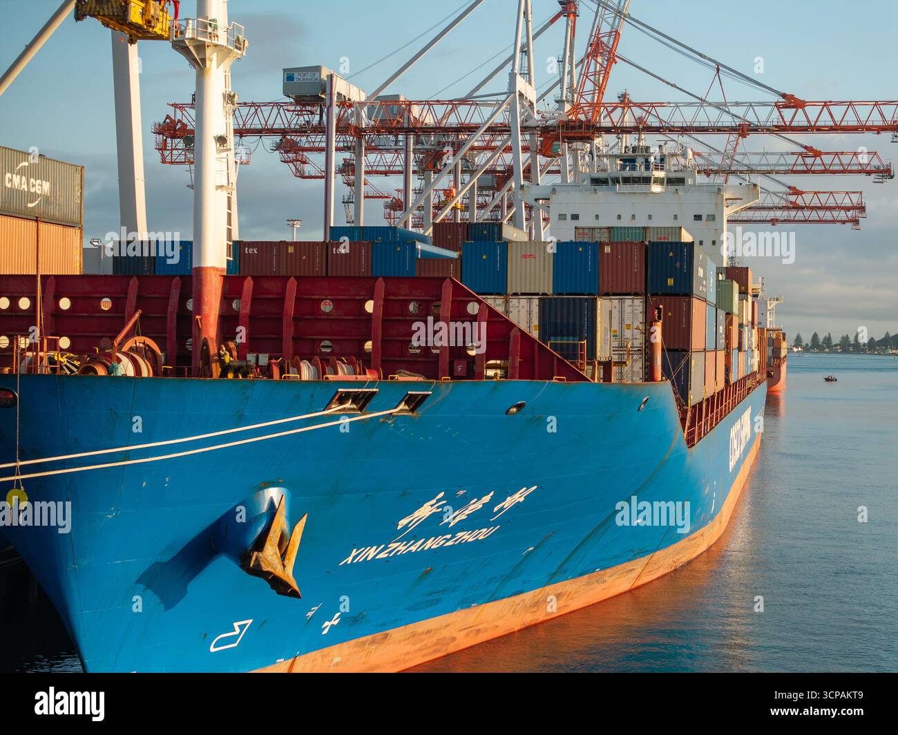 Tauranga, Neuseeland - 24. Februar 2025: Aus der Vogelperspektive des leuchtend blauen Schiffes „XIN ZHANG ZHOU“ am Hafen, eingerahmt von hoch aufragenden Kränen und Schiffscontainern. Stockfoto