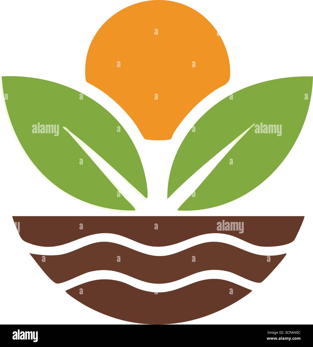 Natürliches Wachstum Sonnenblätter Symbol. Leuchtend grünes Laub entsteht aus dem reichen Boden unter einer aufsteigenden goldenen Kugel. Dieses harmonische Emblem steht für organische Entwicklung Stock Vektor