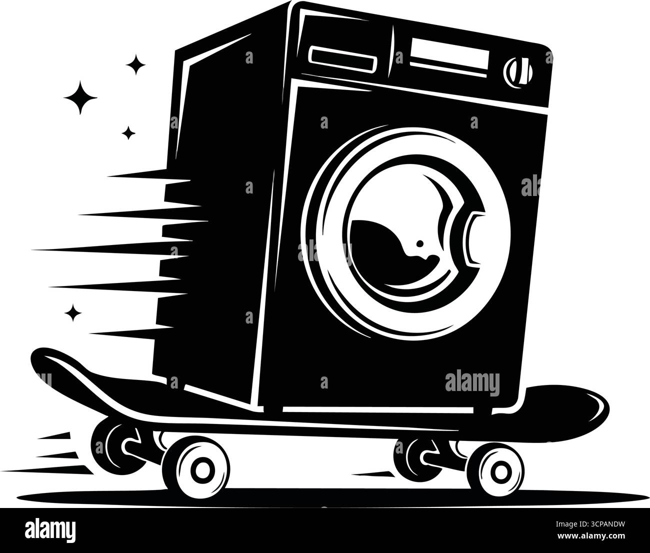 Skateboard Für Waschmaschinen. Diese auffällige Abbildung zeigt, wie sich ein Haushaltswaschgerät schnell auf einem Brett bewegt, was Effizienz, Fortschritt und symbolisiert Stock Vektor