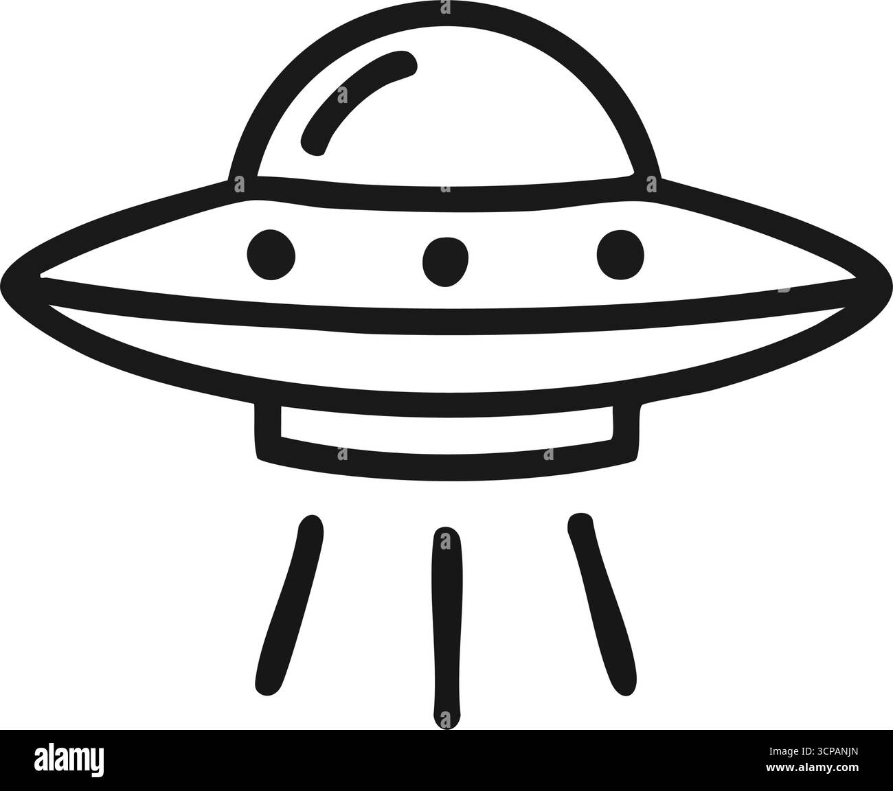 UFO Fliegende Untertasse – Outline-Symbol. Eine schlanke Grafik eines kosmischen Gefäßes auf dunklem Hintergrund, das Licht darunter ausstrahlt. Es erinnert an Themen des fremden Lebens, Mysterium Stock Vektor