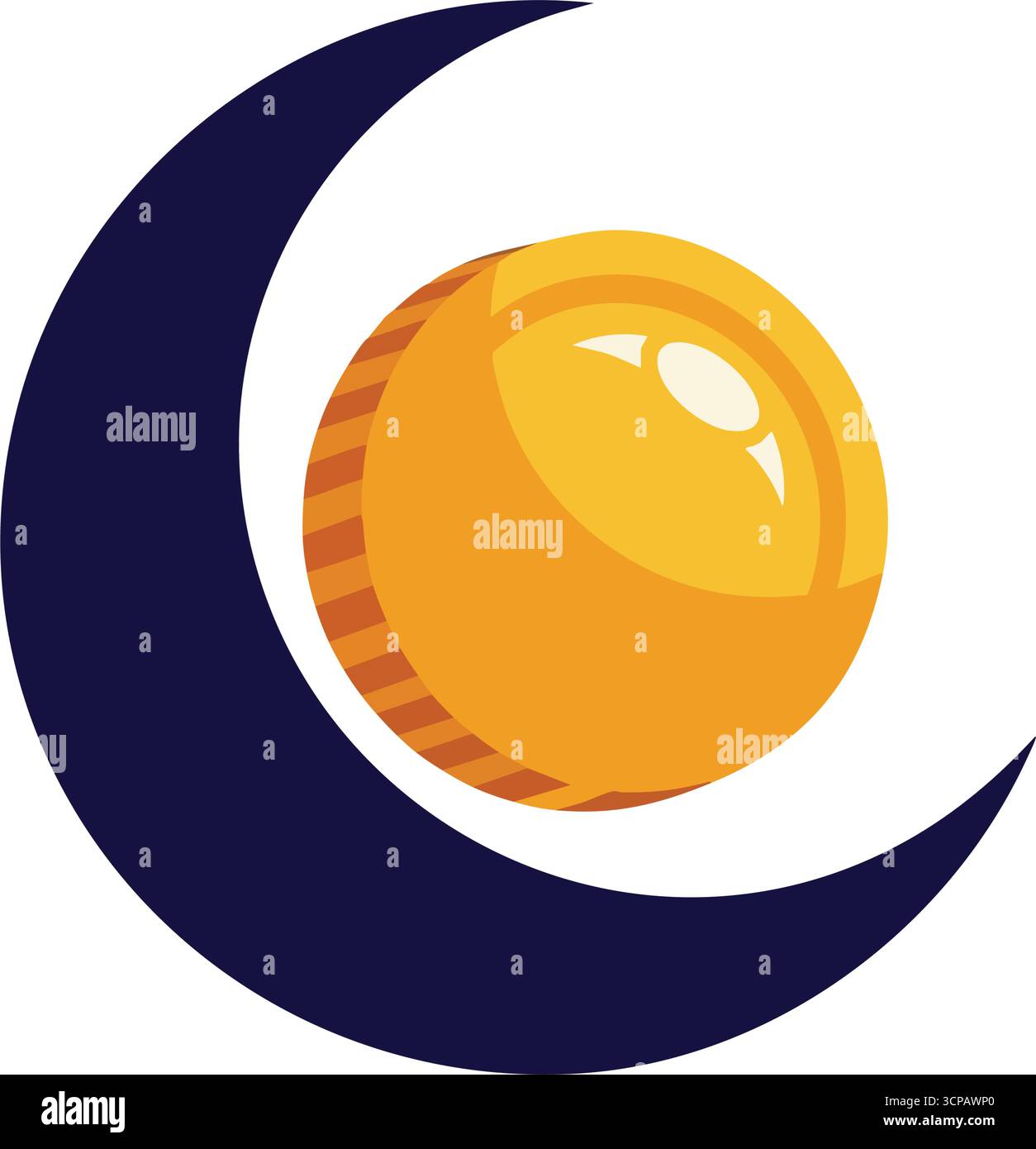 Goldene Kugel und Halbmond. Stilisierter, brillanter Kreis, eingebettet in eine dunkelblaue Mondform. Symbolisiert kosmische Harmonie oder finanziellen Wohlstand. Cle Stock Vektor